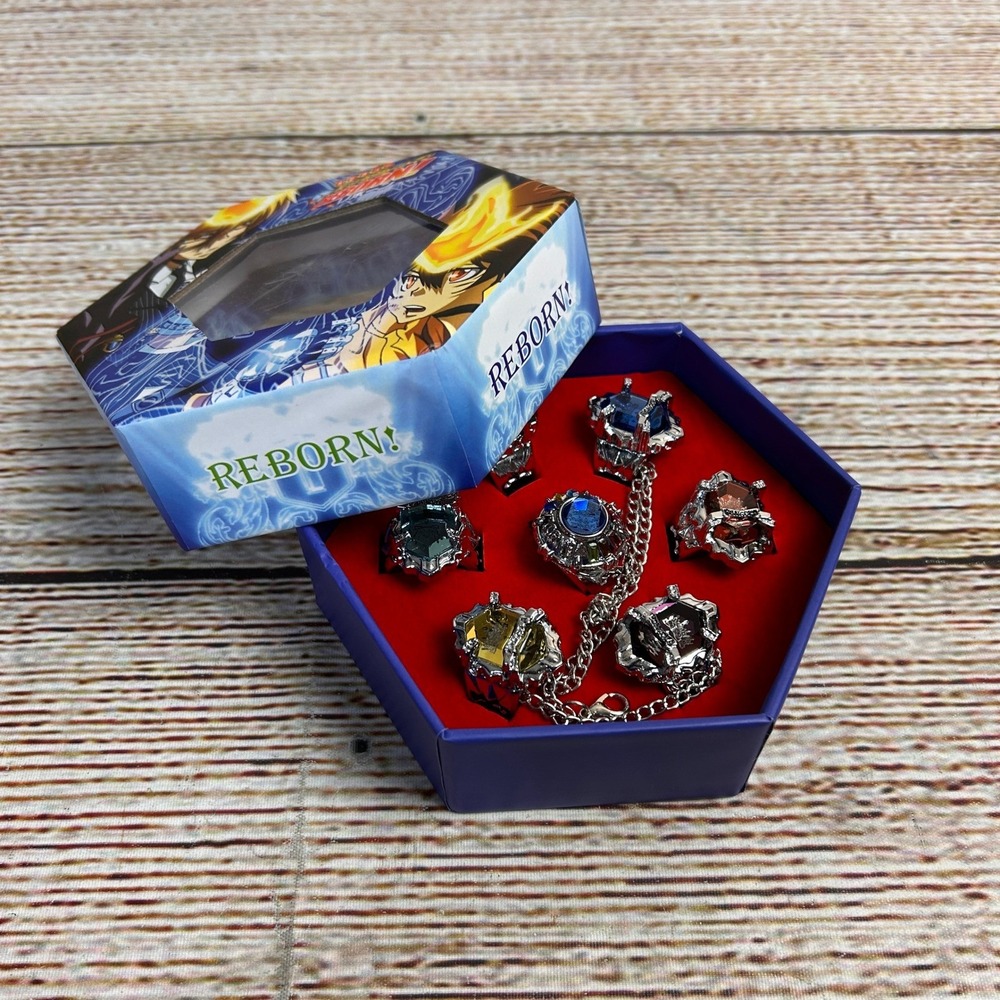 Katekyo Hitman Reborn Vongola Rings Set 7pc Silver Tone Cosplay‎ Jewelry Boxed